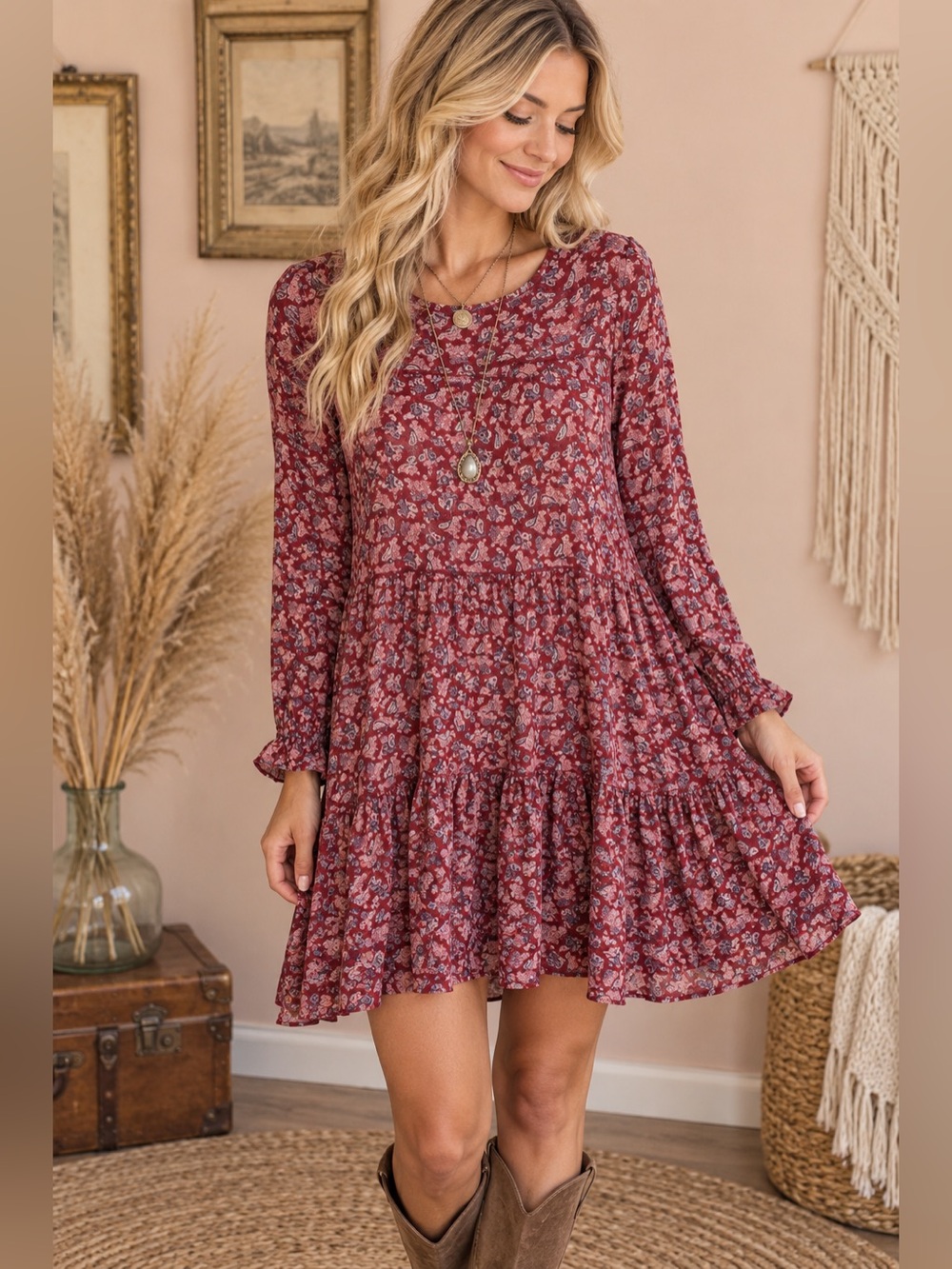 Knox Rose Burgundy Floral Long-Sleeve Mini Dress